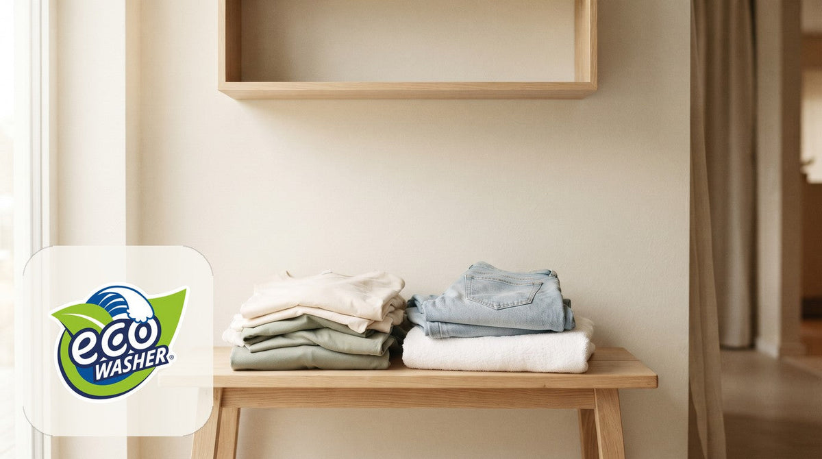 Soft folded laundry: cream and sage tees, light-wash jeans and a white towel on a pale wood bench under an empty wall shelf