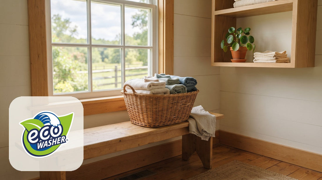 Sunlit country laundry room with a wicker basket of folded towels on a wood bench and a window onto a green yard