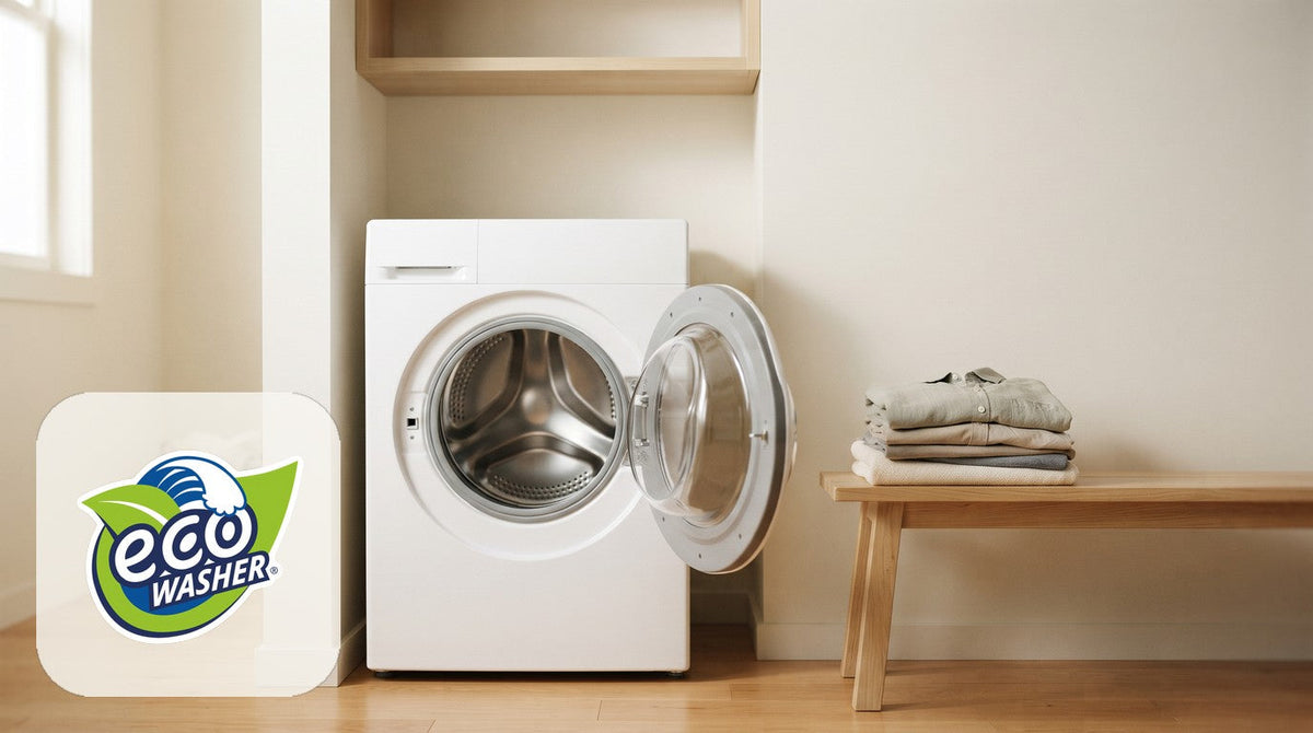 Bright laundry nook for detergent-free laundry: open front-loading washer with clean drum and folded shirts on a bench