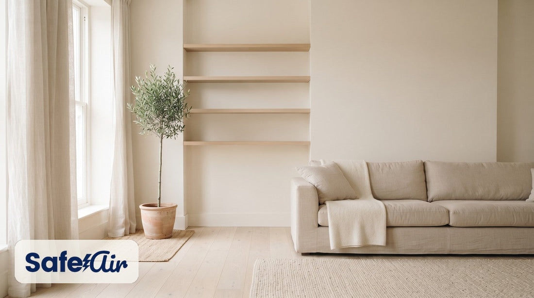 Bright filter-free living room with linen curtains, a potted olive tree, empty oak shelves and a linen sofa with a knit throw
