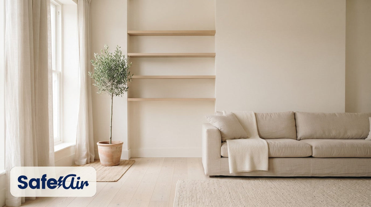 Bright filter-free living room with linen curtains, a potted olive tree, empty oak shelves and a linen sofa with a knit throw