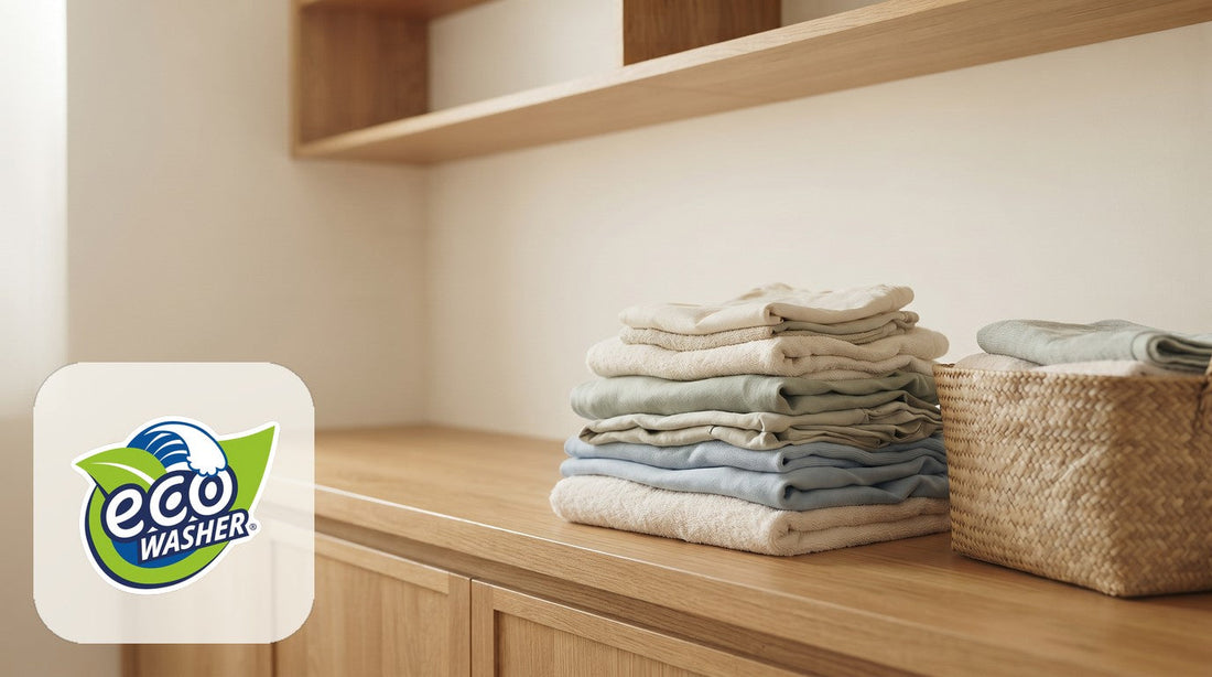 Neat stack of folded cream, sage and sky-blue towels beside a woven basket on a long oak laundry counter under an oak shelf