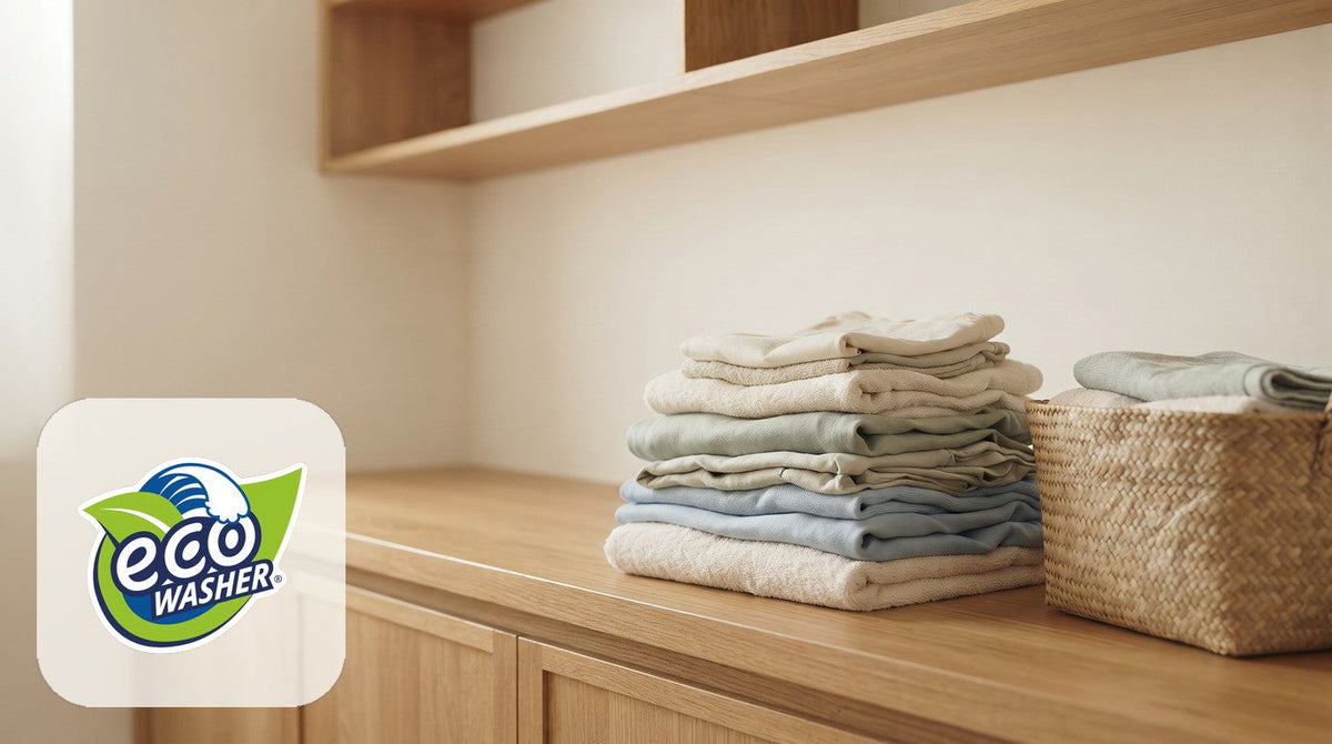 Neat stack of folded cream, sage and sky-blue towels beside a woven basket on a long oak laundry counter under an oak shelf
