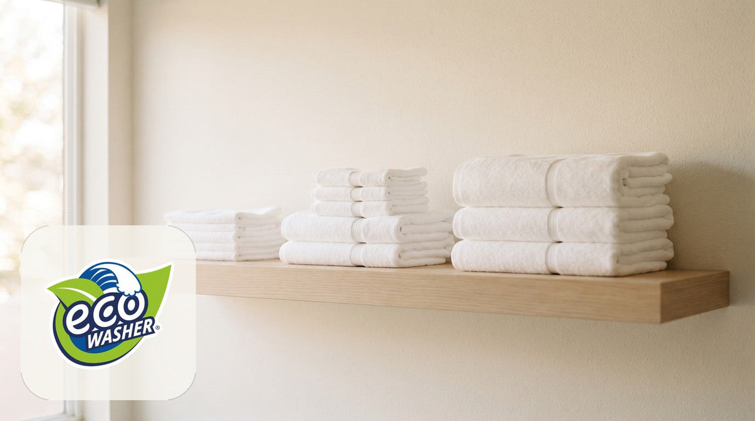 Three stacks of white towels in rising height on a light wood shelf against a cream wall in morning light.
