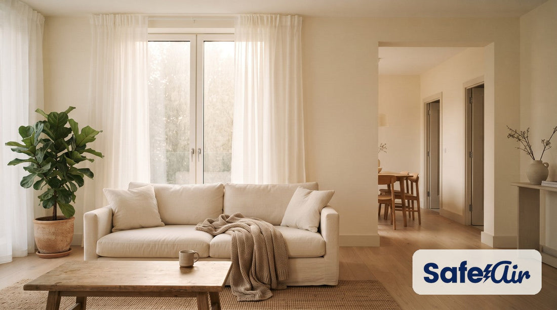 Calm living room with closed French windows for filter-free air: linen sofa, knit throw, fiddle-leaf fig and a dining nook
