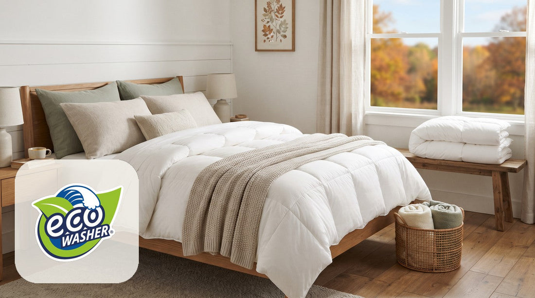 Sunny bedroom with a fluffy white comforter and knit throw on a wood bed, a folded comforter on a bench by a fall window