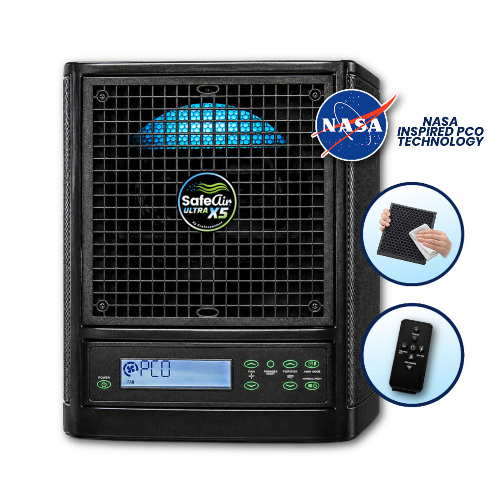SafeAir™ Ultra X5 air purifier with NASA-inspired PCO badge, washable filter and remote control callouts.