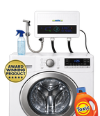 EcoWasher SE on a washing machine with award seal and chemical-free laundry setup