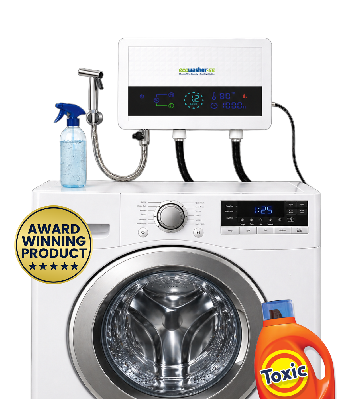 EcoWasher SE on a washing machine with award seal and chemical-free laundry setup