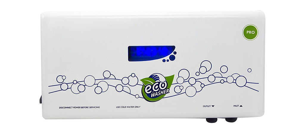 EcoWasher Pro unit closeup showing cold-water-only labels, outlet and inlet