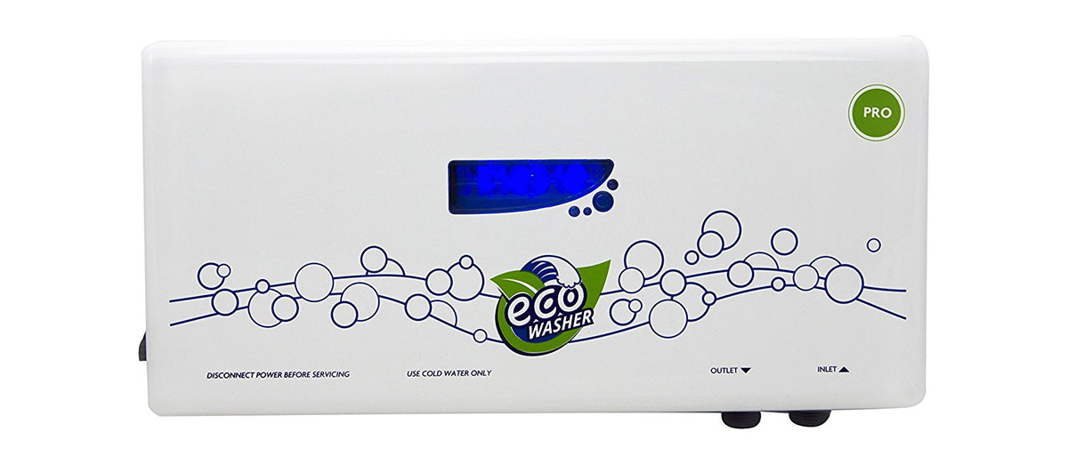 EcoWasher Pro unit closeup showing cold-water-only labels, outlet and inlet