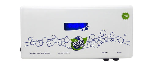 EcoWasher Pro unit closeup showing cold-water-only labels, outlet and inlet