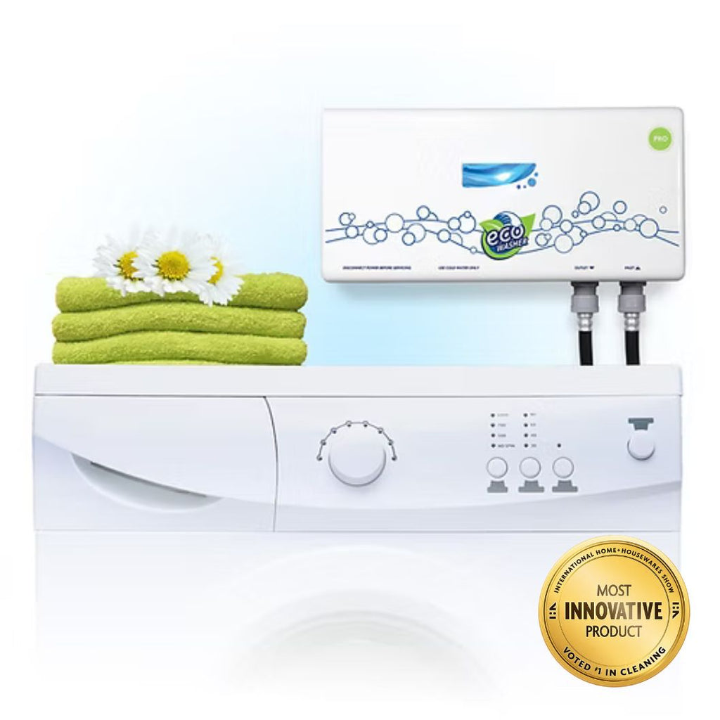 EcoWasher Pro mounted above a washing machine with Most Innovative Product seal