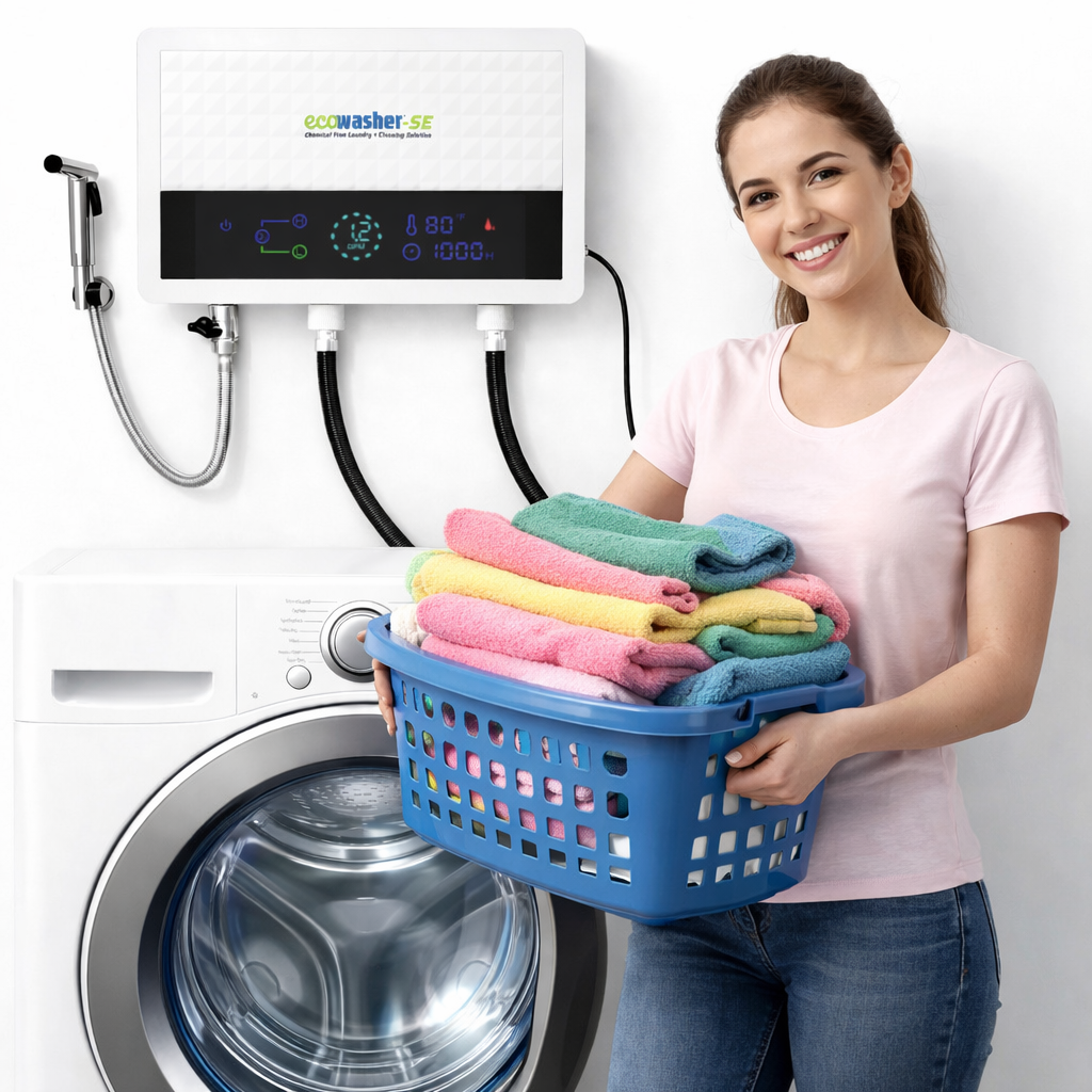 EcoWasher SE wall-mounted above a washer, lifestyle photo with laundry basket