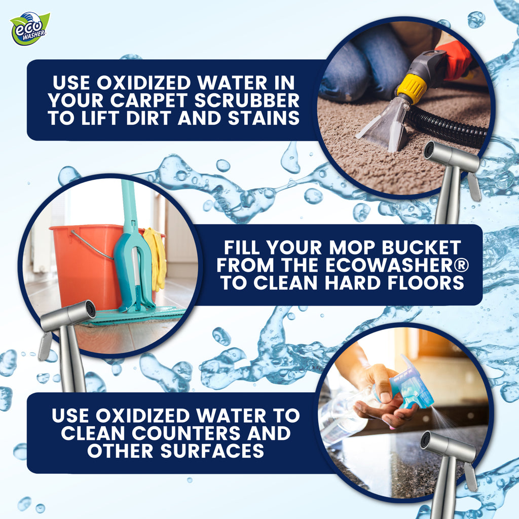 EcoWasher SE oxidized water uses: carpet scrubber, mop bucket, and counters