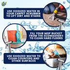 EcoWasher SE oxidized water uses: carpet scrubber, mop bucket, and counters