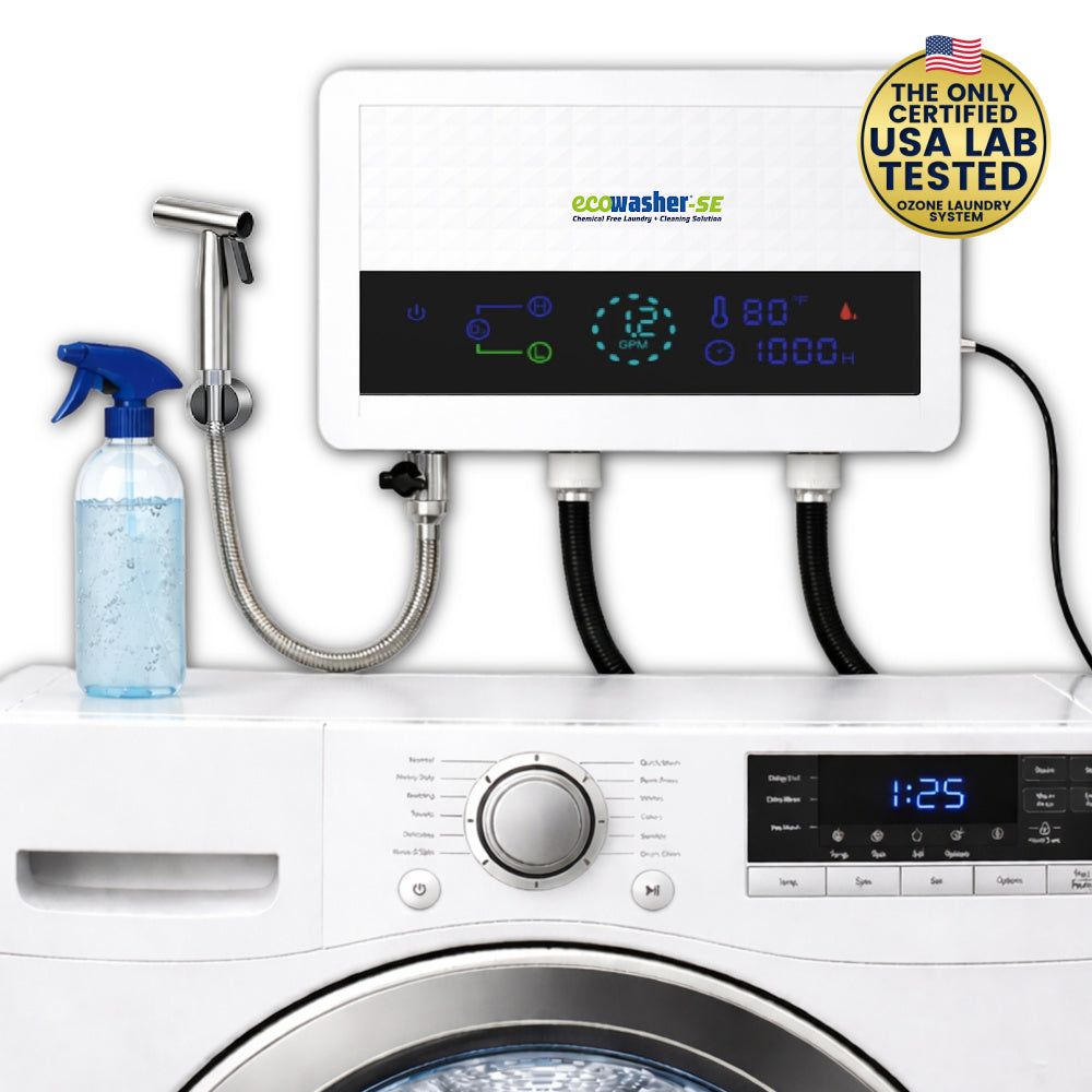 EcoWasher SE mounted above a washing machine with sprayer hose and USA lab tested seal