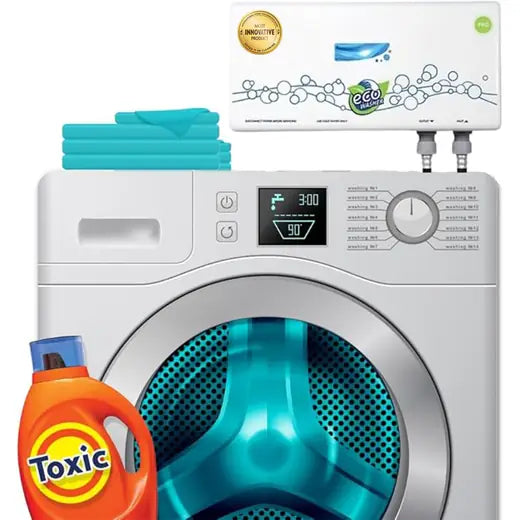 EcoWasher Pro mounted above a washing machine, replacing toxic detergent